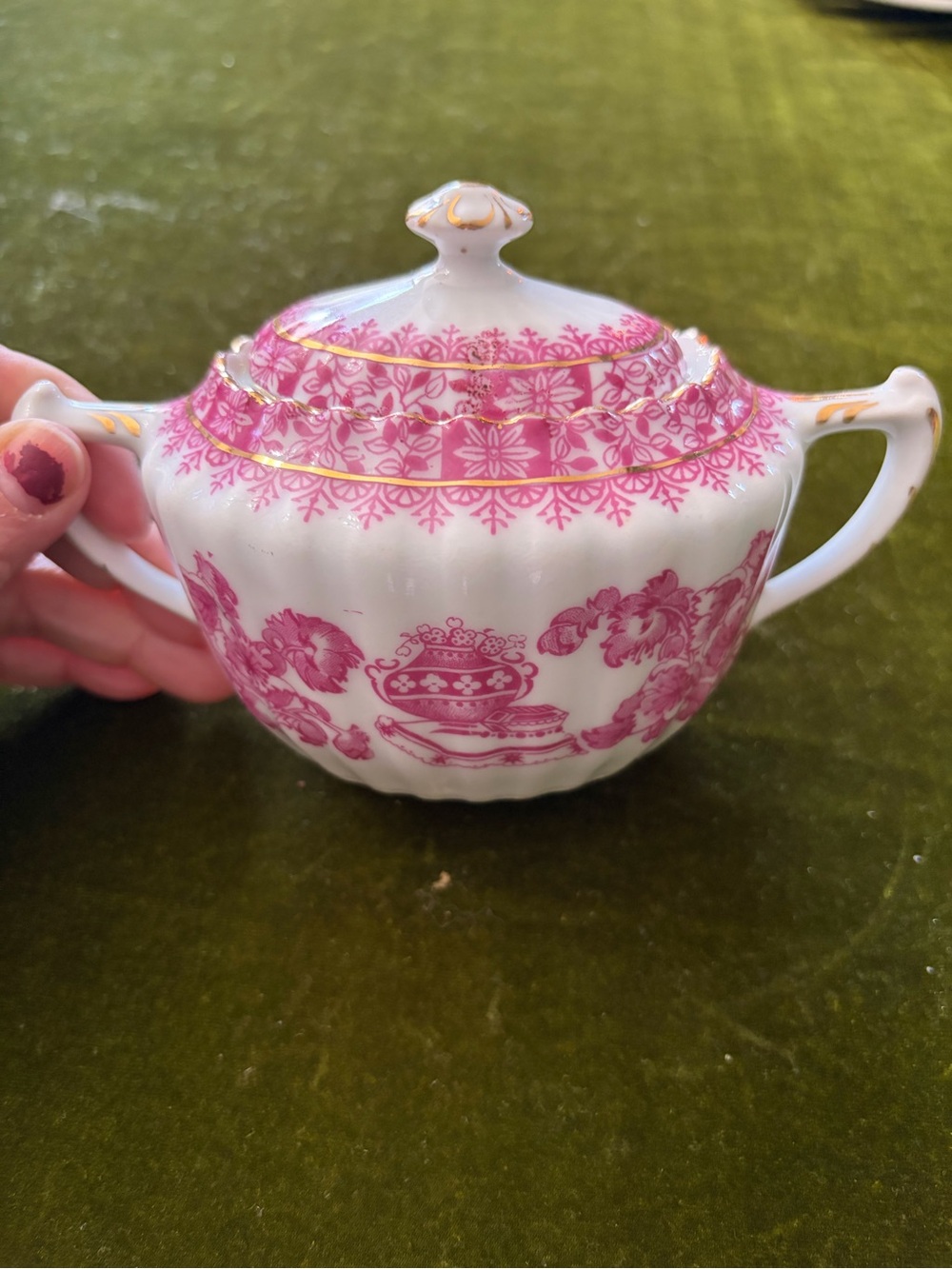 Vintage Tuppack  Pink Floral Porcelain Covered Sugar Bowl with Twin Handles